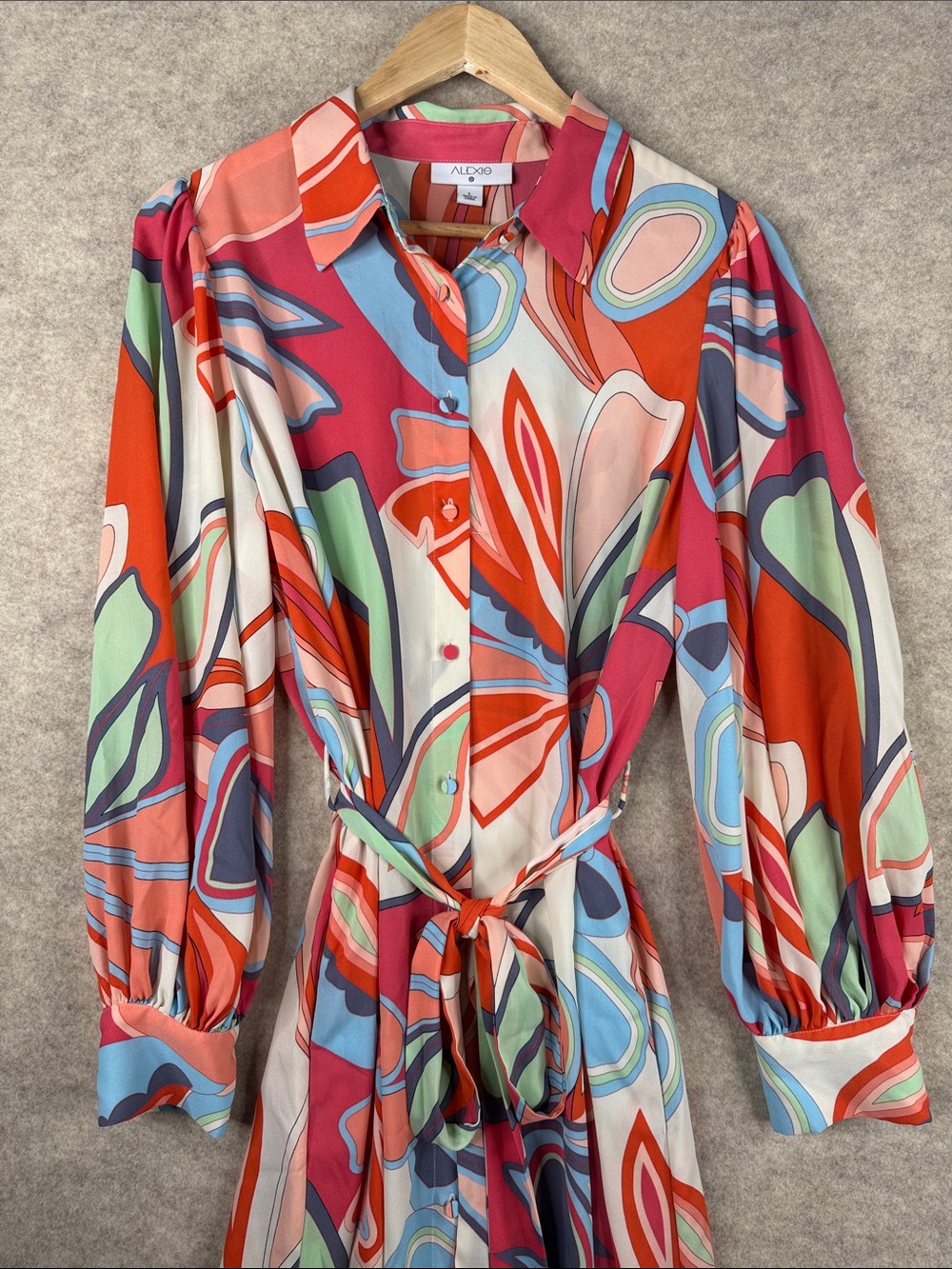 Alexis Abstract Floral Button-Front Long Sleeve Dress — Red, Pink, Blue, Green
